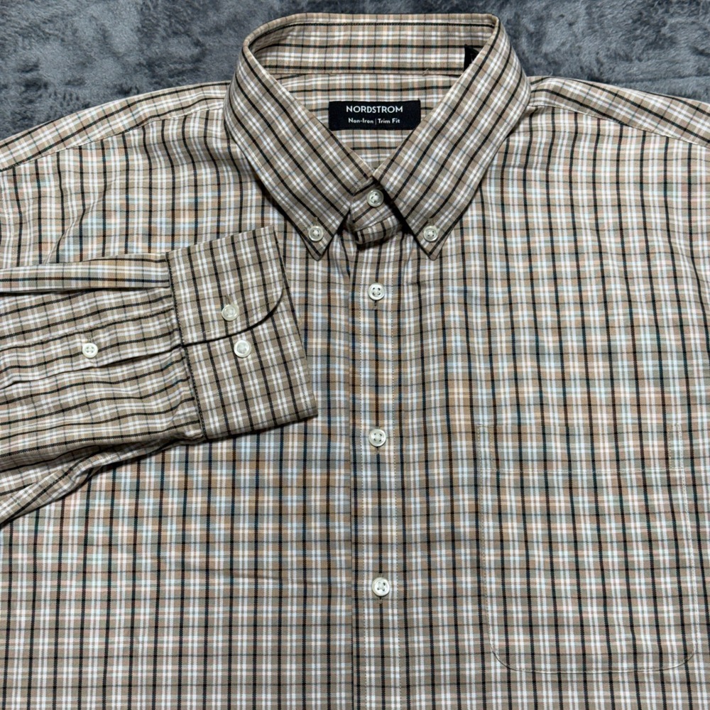Nordstrom Dress‎ Shirt Men 16.5 34-35 Tan Plaid
